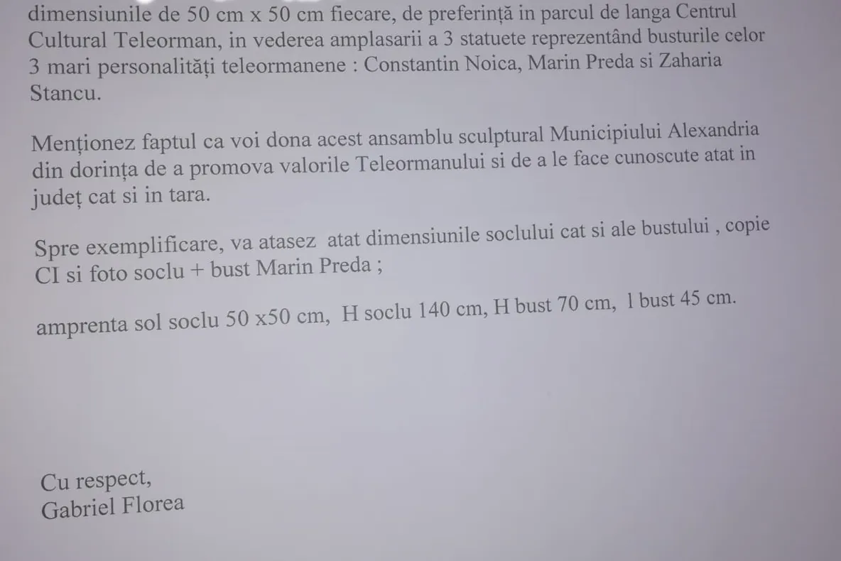 Un om de afaceri teleormănean donează Alexandriei busturile lui Noica, Preda și Stancu