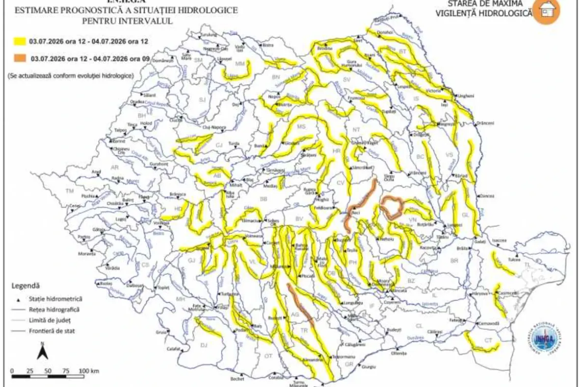 Alertă hidrologică. Cod galben și Cod portocaliu de inundații, până sâmbătă la prânz
